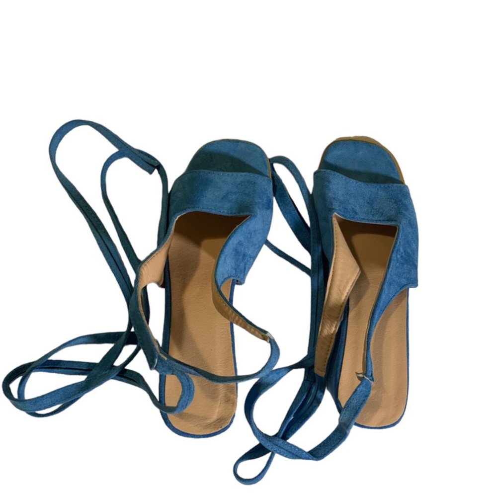 SANDALS, Blue faux suede with greek-style wrap up legs, size 37, barely worn